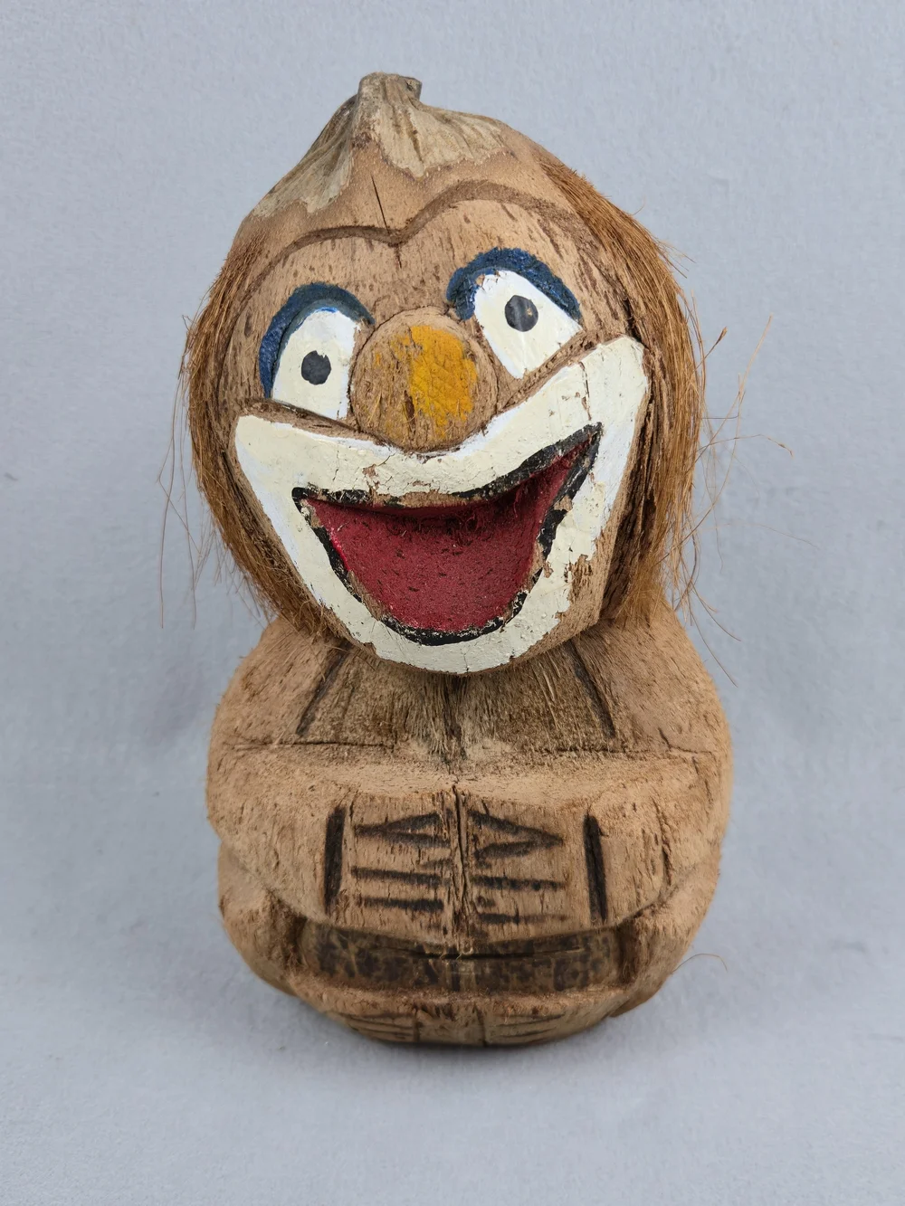 Vintage Carved Coconut Clown Figurine Tiki Folk Art Tropical SouvenirVintage